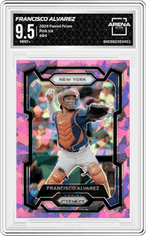 Francisco Alvarez from the 2024 Panini Prizm set featuring a Pink Ice parallel graded by Arena Club and given an overall grade of 9.5.