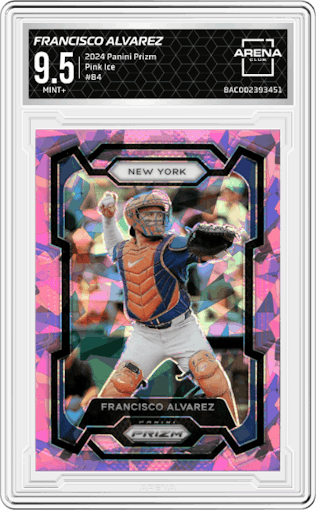 Francisco Alvarez from the 2024 Panini Prizm set featuring a Pink Ice parallel graded by Arena Club and given an overall grade of 9.5.