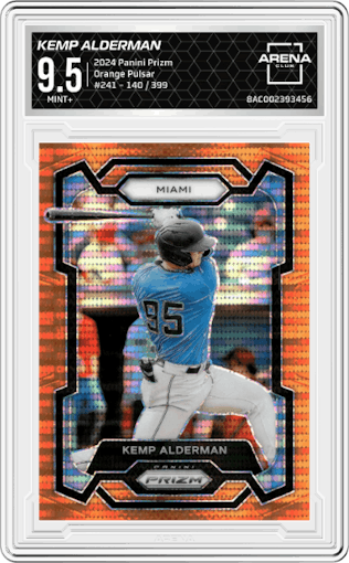 Kemp Alderman from the 2024 Panini Prizm set featuring a Orange Pulsar parallel graded by Arena Club and given an overall grade of 9.5.