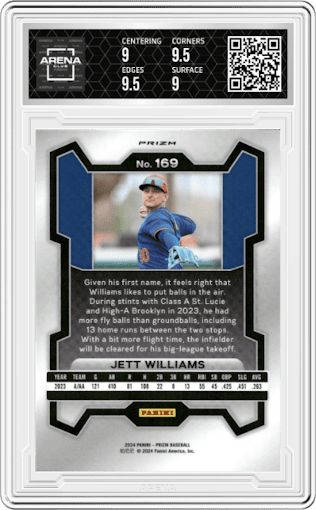 Jett Williams from the 2024 Panini Prizm set featuring a Pink Ice parallel graded by Arena Club and given an overall grade of 9.5.