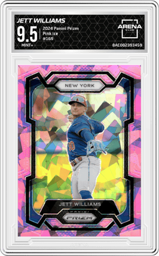 Jett Williams from the 2024 Panini Prizm set featuring a Pink Ice parallel graded by Arena Club and given an overall grade of 9.5.
