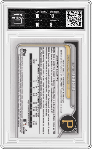 Paul Skenes from the 2024 Bowman set graded by Arena Club and given an overall grade of 8.5.