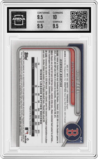 Kyle Teel from the 2024 Bowman set graded by Arena Club and given an overall grade of 10.