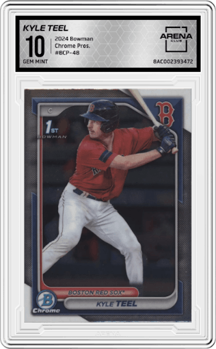 Kyle Teel from the 2024 Bowman set graded by Arena Club and given an overall grade of 10.