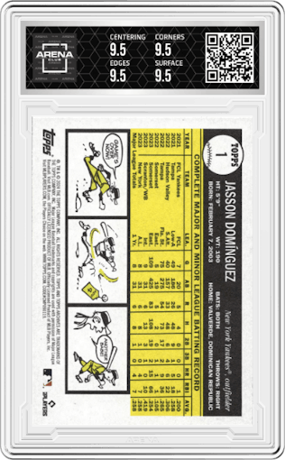 Jasson Dominguez from the 2024 Topps Archives set graded by Arena Club and given an overall grade of 9.5.