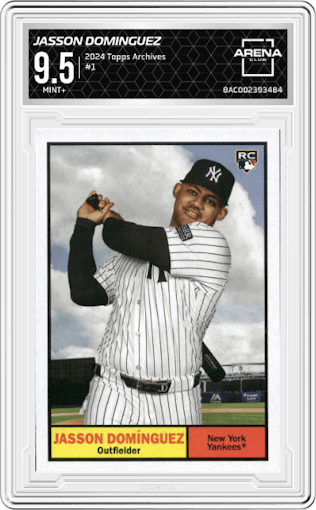 Jasson Dominguez from the 2024 Topps Archives set graded by Arena Club and given an overall grade of 9.5.