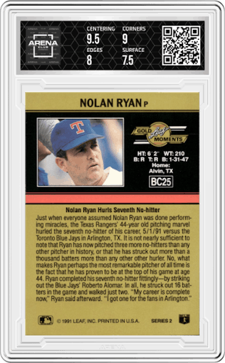 Nolan Ryan from the 1991 Leaf set graded by Arena Club and given an overall grade of 8.