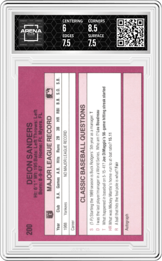Deion Sanders from the 1989 Classic set graded by Arena Club and given an overall grade of 6.5.