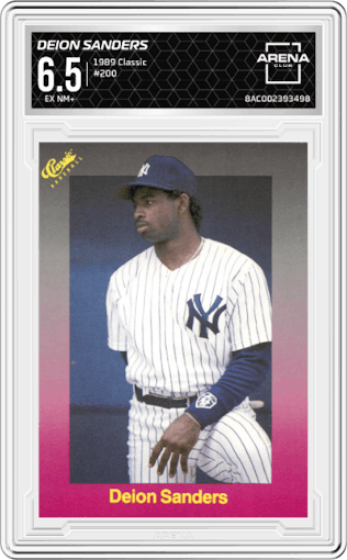 Deion Sanders from the 1989 Classic set graded by Arena Club and given an overall grade of 6.5.
