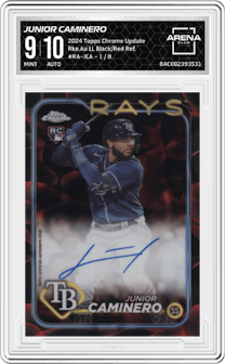 Junior Caminero from the 2024 Topps Chrome Update set featuring a Lava Lamp Black / Red Refractor parallel and given an overall grade of 9.