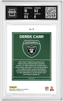Derek Carr from the 2023 Donruss Optic set graded by Arena Club and given an overall grade of 8.5.