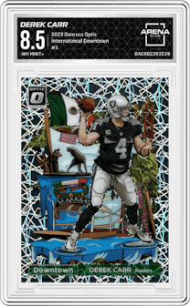 Derek Carr from the 2023 Donruss Optic set graded by Arena Club and given an overall grade of 8.5.