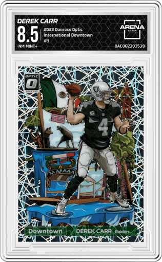 Derek Carr from the 2023 Donruss Optic set graded by Arena Club and given an overall grade of 8.5.