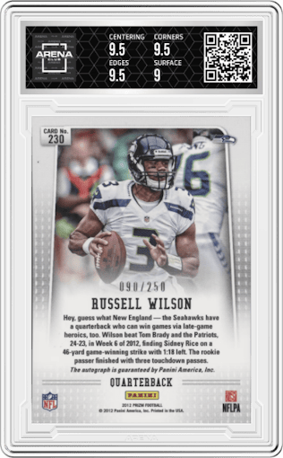 Russell Wilson from the 2012 Panini Prizm set graded by Arena Club and given an overall grade of 9.5.