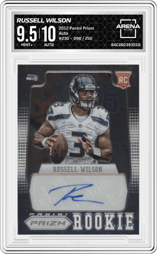 Russell Wilson from the 2012 Panini Prizm set graded by Arena Club and given an overall grade of 9.5.