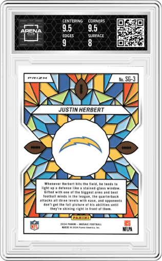 Justin Herbert  from the 2024 Panini Mosaic set graded by Arena Club and given an overall grade of 8.5.