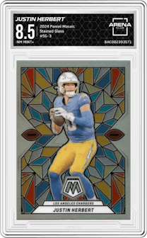 Justin Herbert  from the 2024 Panini Mosaic set graded by Arena Club and given an overall grade of 8.5.