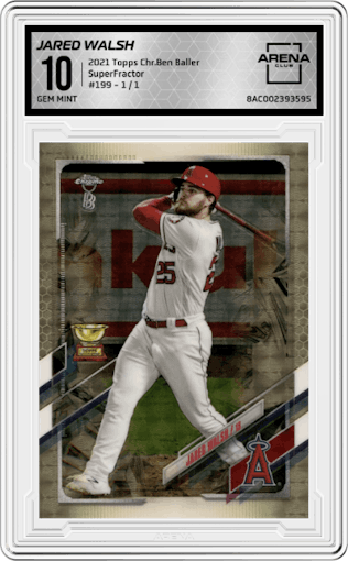 Jared Walsh from the 2021 Topps Chrome Ben Baller set featuring a SuperFractor parallel graded by Arena Club and given an overall grade of 10.