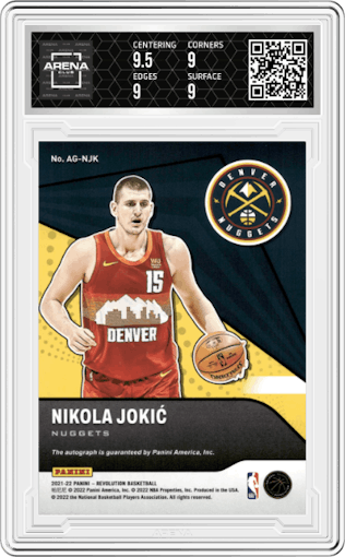 Nikola Jokic from the 2021-22 Panini Revolution  set graded by Arena Club and given an overall grade of 9.