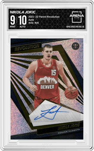 Nikola Jokic from the 2021-22 Panini Revolution  set graded by Arena Club and given an overall grade of 9.