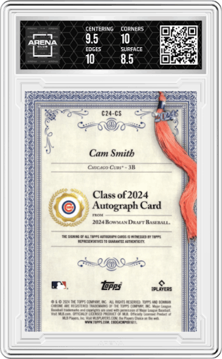 Cam Smith from the 2024 Bowman Draft set featuring a Gold Refractor parallel graded by Arena Club and given an overall grade of 9.
