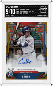 Cam Smith from the 2024 Bowman Draft set featuring a Gold Refractor parallel graded by Arena Club and given an overall grade of 9.