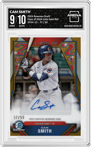 Cam Smith from the 2024 Bowman Draft set featuring a Gold Refractor parallel graded by Arena Club and given an overall grade of 9.