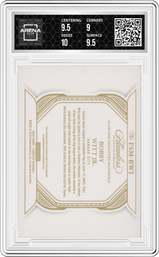 Bobby Witt Jr. from the 2023 Panini Flawless set graded by Arena Club and given an overall grade of 9.5.