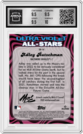 Adley Rutschman from the 2023 Topps Chrome set graded by Arena Club and given an overall grade of 10.