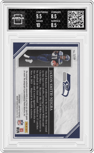 Jaxon Smith-Njigba from the 2023 Panini Limited set featuring a Holographic Spotlight parallel graded by Arena Club and given an overall grade of 9.