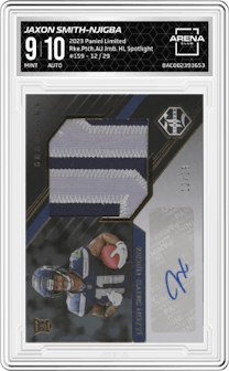 Jaxon Smith-Njigba from the 2023 Panini Limited set featuring a Holographic Spotlight parallel graded by Arena Club and given an overall grade of 9.
