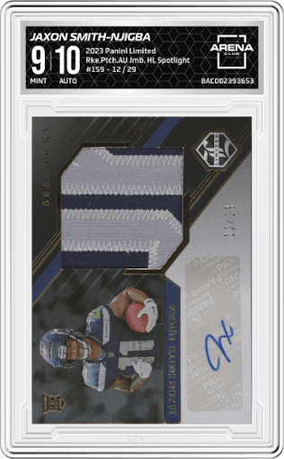 Jaxon Smith-Njigba from the 2023 Panini Limited set featuring a Holographic Spotlight parallel graded by Arena Club and given an overall grade of 9.