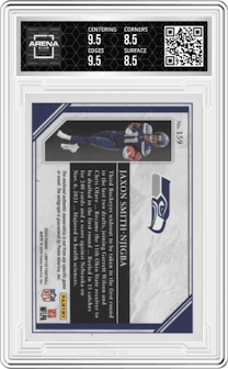 Jaxon Smith-Njigba  from the 2023 Panini Limited set featuring a Holographic Spotlight parallel graded by Arena Club and given an overall grade of 9.