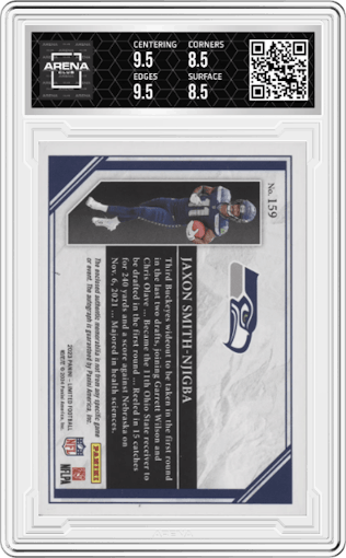 Jaxon Smith-Njigba  from the 2023 Panini Limited set featuring a Holographic Spotlight parallel graded by Arena Club and given an overall grade of 9.