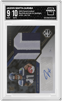 Jaxon Smith-Njigba  from the 2023 Panini Limited set featuring a Holographic Spotlight parallel graded by Arena Club and given an overall grade of 9.