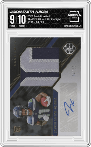 Jaxon Smith-Njigba  from the 2023 Panini Limited set featuring a Holographic Spotlight parallel graded by Arena Club and given an overall grade of 9.