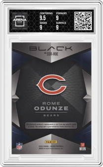 Rome Odunze from the 2024 Panini Black set featuring a Royal parallel graded by Arena Club and given an overall grade of 9.