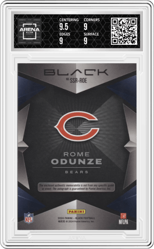 Rome Odunze from the 2024 Panini Black set featuring a Royal parallel graded by Arena Club and given an overall grade of 9.