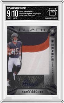Rome Odunze from the 2024 Panini Black set featuring a Royal parallel graded by Arena Club and given an overall grade of 9.