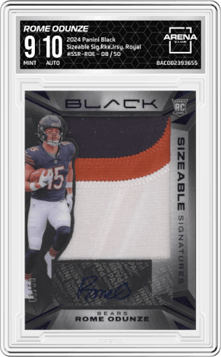 Rome Odunze from the 2024 Panini Black set featuring a Royal parallel graded by Arena Club and given an overall grade of 9.