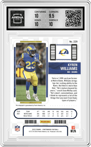Kyren Williams from the 2022 Panini Contenders set graded by Arena Club and given an overall grade of 10.