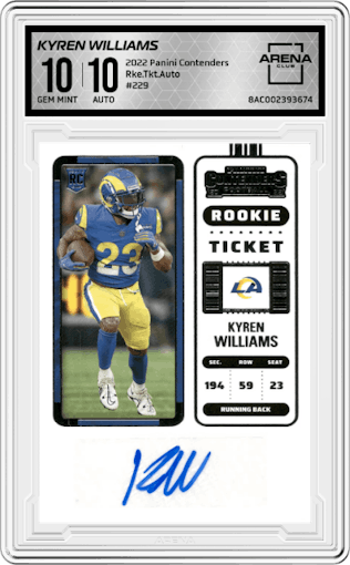 Kyren Williams from the 2022 Panini Contenders set graded by Arena Club and given an overall grade of 10.