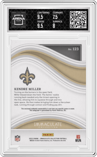 Kendre Miller from the 2023 Panini Immaculate Collection  set featuring a Emerald parallel graded by Arena Club and given an overall grade of 8.