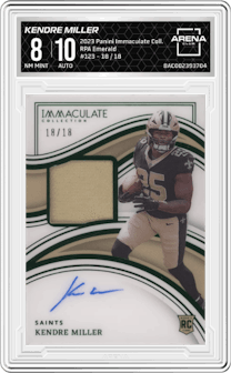Kendre Miller from the 2023 Panini Immaculate Collection  set featuring a Emerald parallel graded by Arena Club and given an overall grade of 8.
