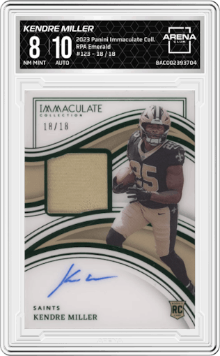 Kendre Miller from the 2023 Panini Immaculate Collection  set featuring a Emerald parallel graded by Arena Club and given an overall grade of 8.