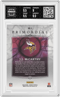 J.J. McCarthy from the 2024 Panini Origins set graded by Arena Club and given an overall grade of 9.5.