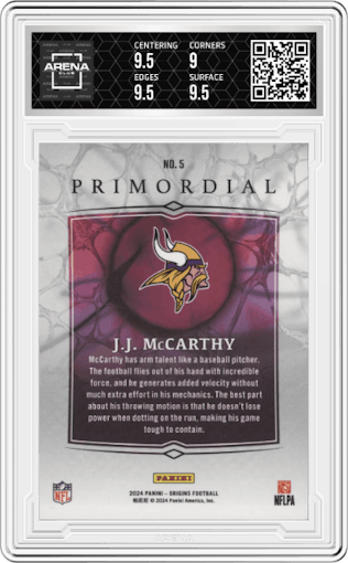 J.J. McCarthy from the 2024 Panini Origins set graded by Arena Club and given an overall grade of 9.5.