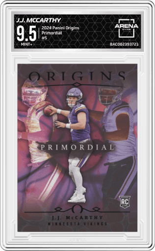 J.J. McCarthy from the 2024 Panini Origins set graded by Arena Club and given an overall grade of 9.5.