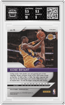 Kobe Bryant from the 2018-19 Panini Prizm set featuring a Silver Prizm parallel graded by Arena Club and given an overall grade of 9.5.