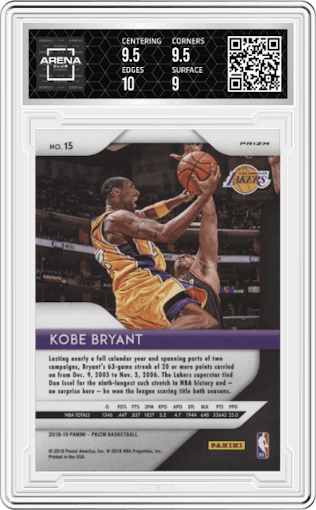 Kobe Bryant from the 2018-19 Panini Prizm set featuring a Silver Prizm parallel graded by Arena Club and given an overall grade of 9.5.